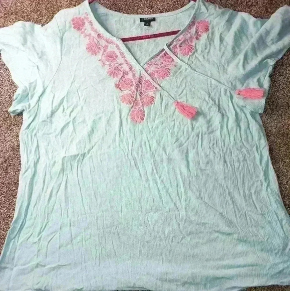 2/$30 TORRID Teal Western Pink Embroidered Bohemian Blouse with Tassels  (#235) - Picture 4 of 6